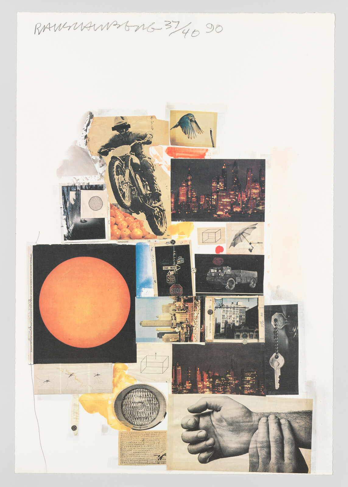 Collage of vintage photos and drawings including a jumping motorcycle, glowing orange sun, city skyline, and hands.
