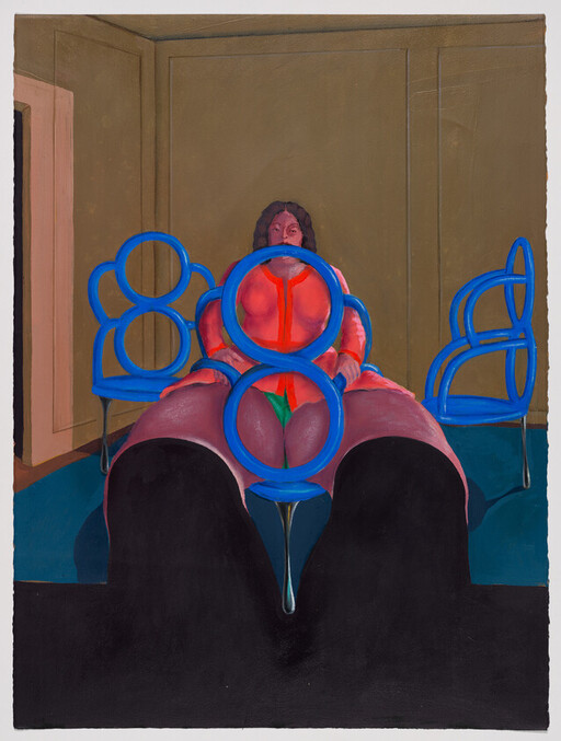 A seated woman viewed through circular blue chair backs in a room, legs spread toward the viewer.