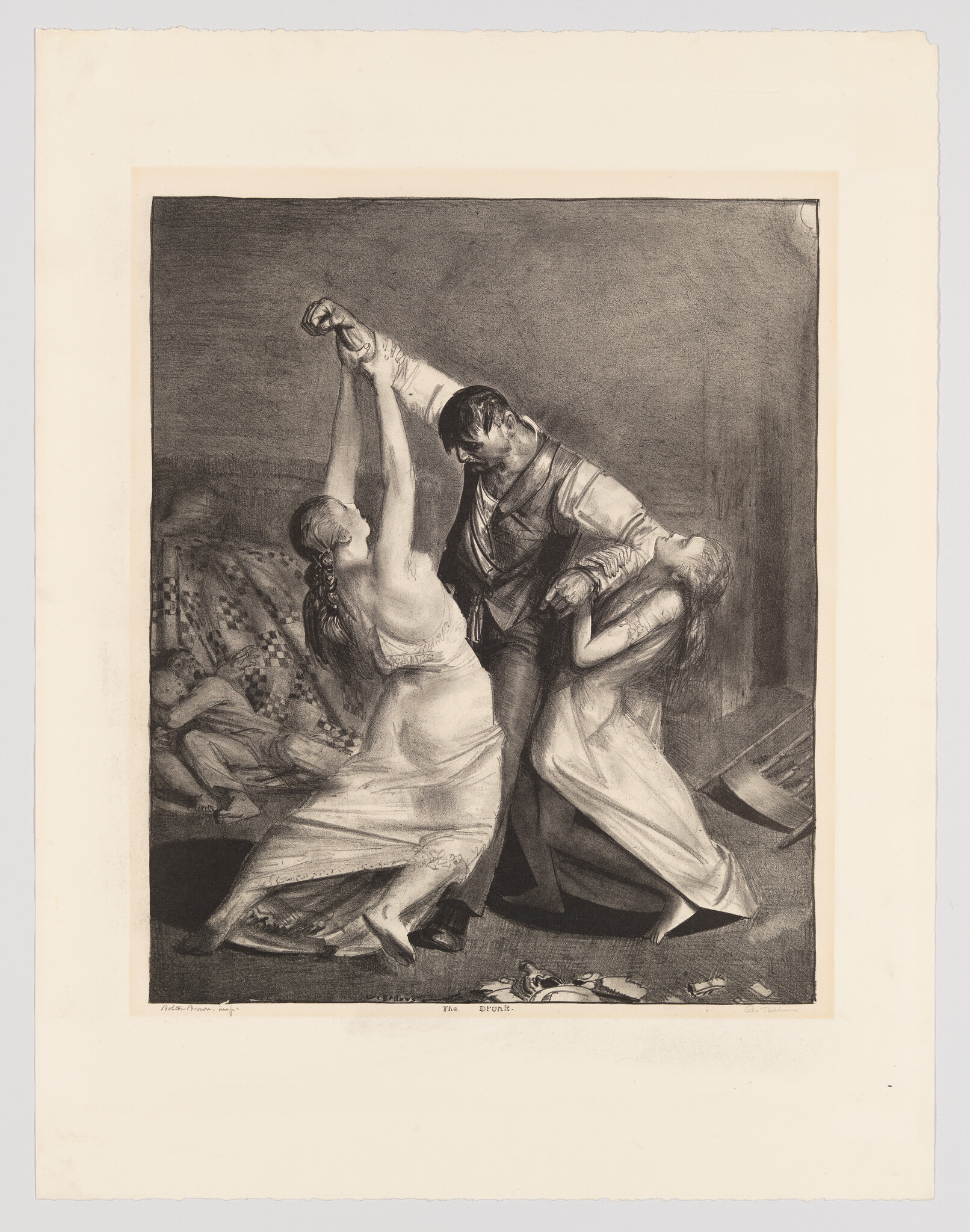 A man forcefully grabs two women as they struggle, one woman reaching upward.