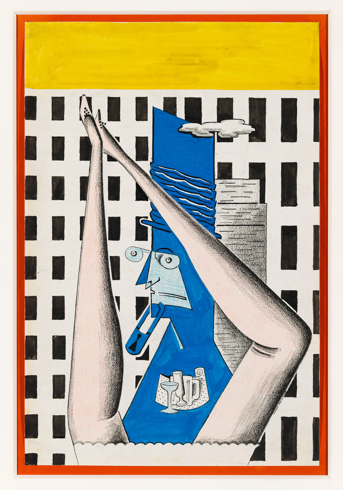A stylized blue man with a tall hat framed by raised legs against a checkered background.