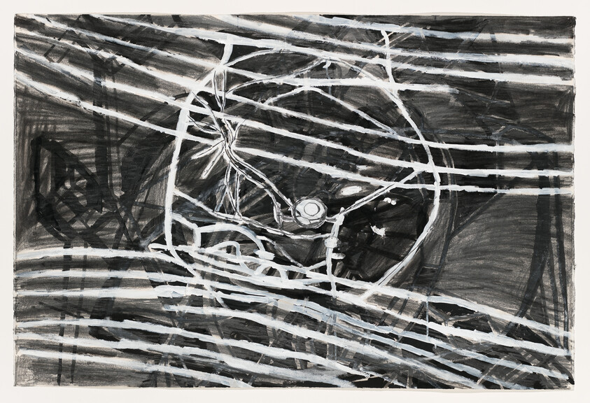 Dark abstract illustration of a cracked circular wheel overlaid with white striped bands.