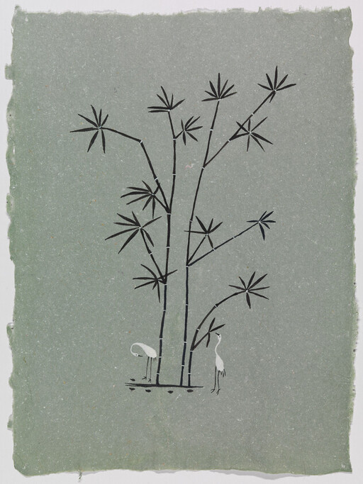 Tall bamboo stalks with two cranes standing at their base on textured paper.