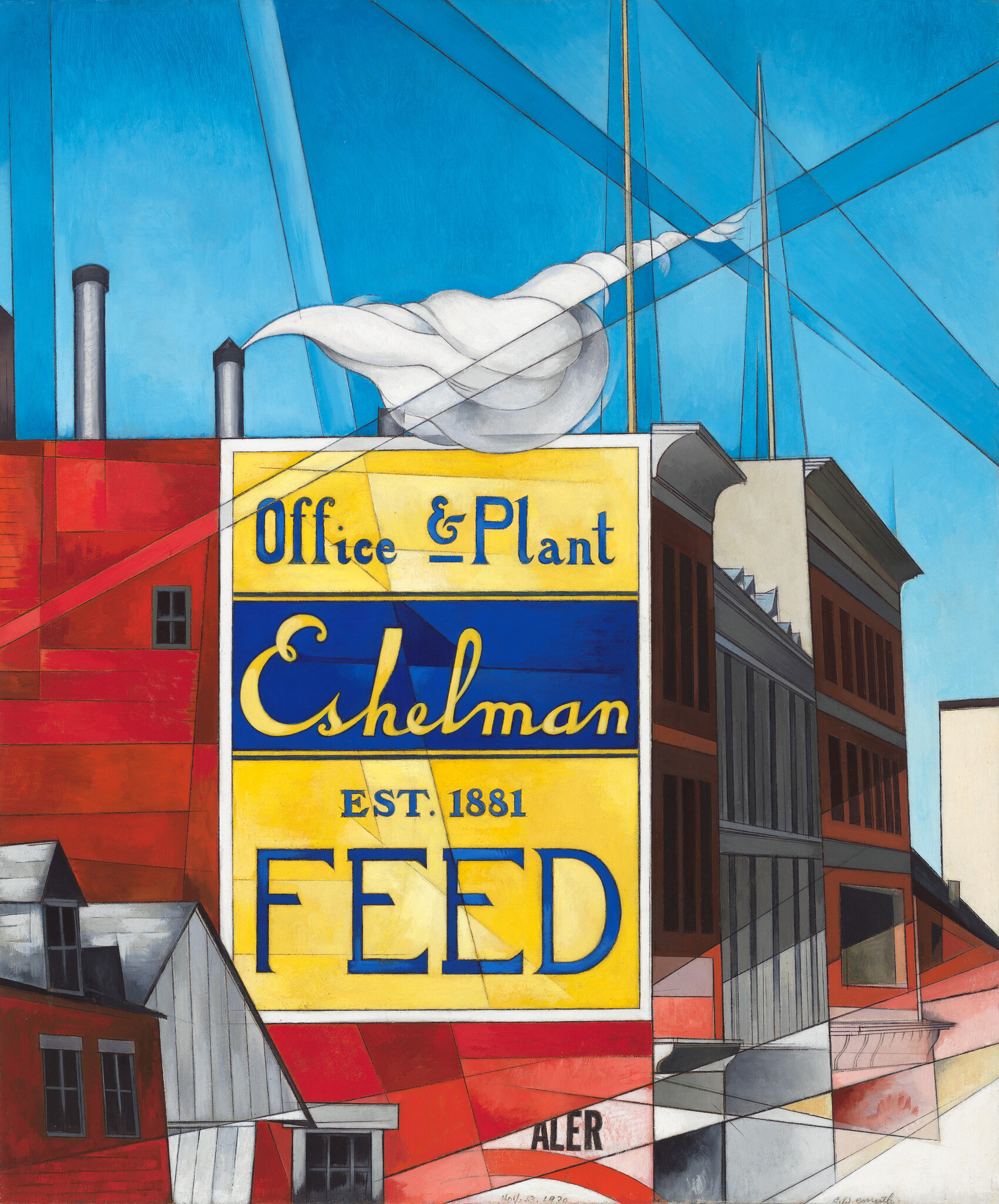 Colorful industrial scene with a large sign reading "Eshelman Feed, Est. 1881" against a blue sky.