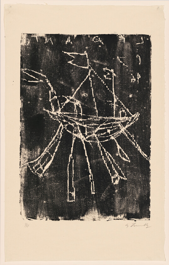 Rough white line drawing of a bird-like figure with multiple long legs on dark background.