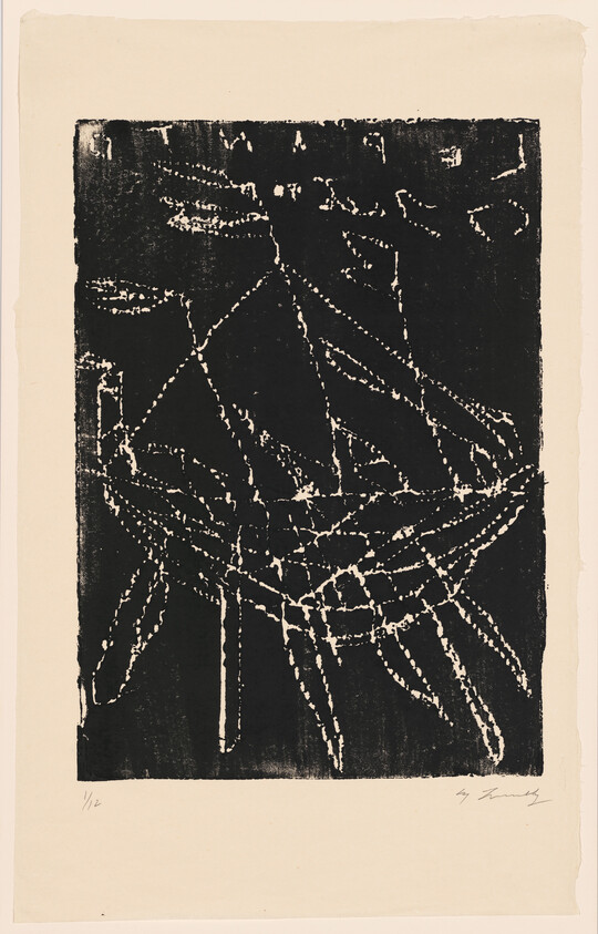 A rough black linocut print showing a simple sailboat with masts and rigging.