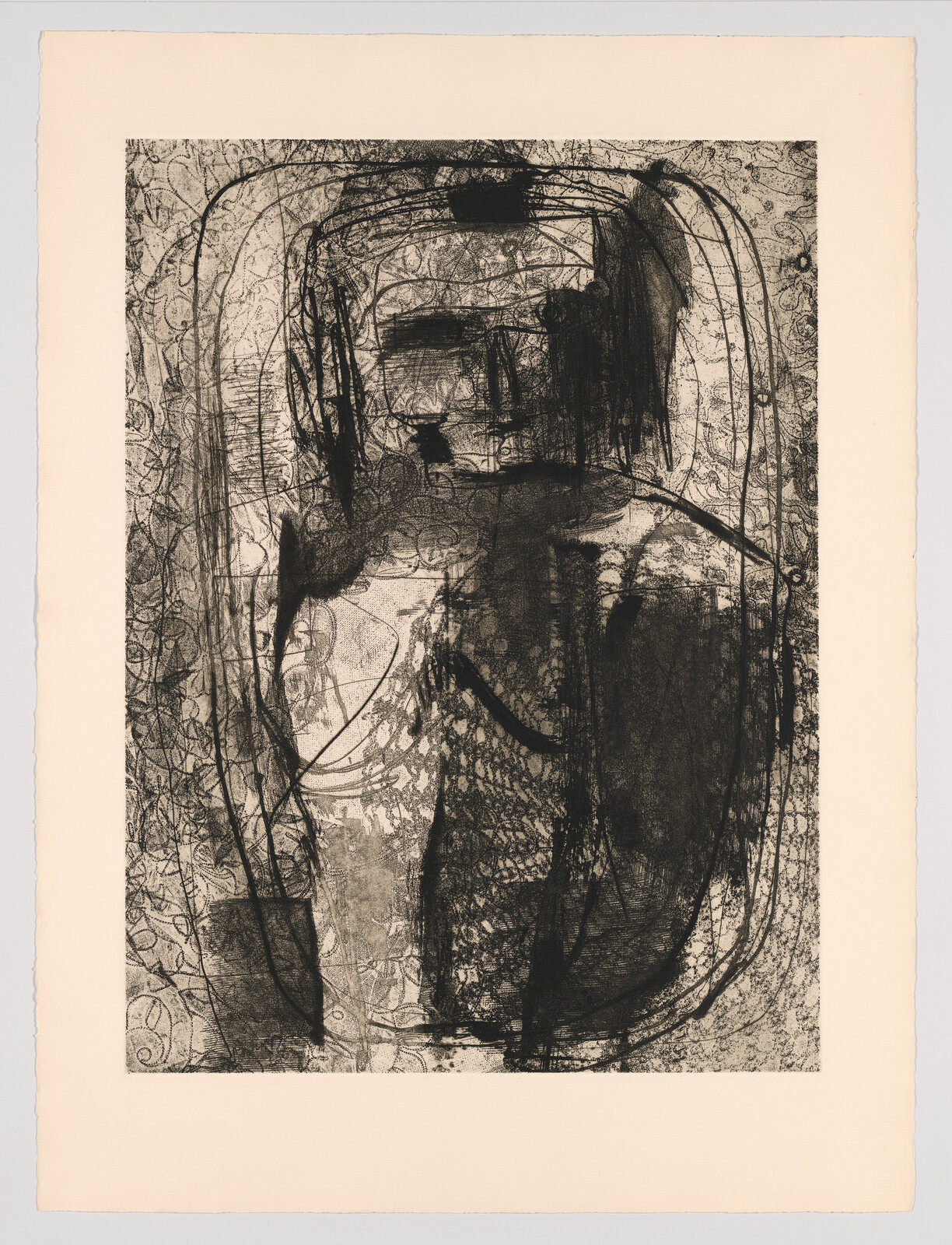 Abstract dark sketch suggesting a seated figure with layered textures, looping lines, and dense shading.