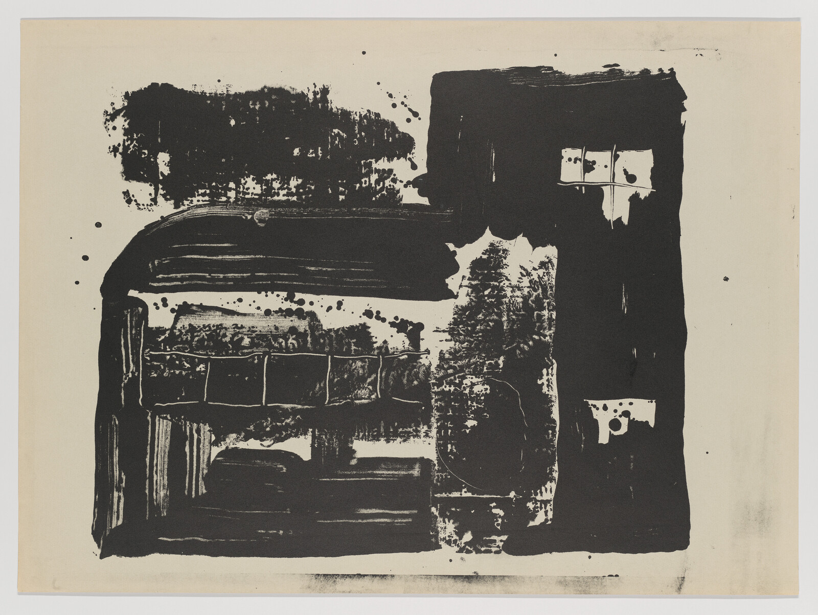 Large black abstract brushstrokes and blotches form a blocky composition with small window-like squares.