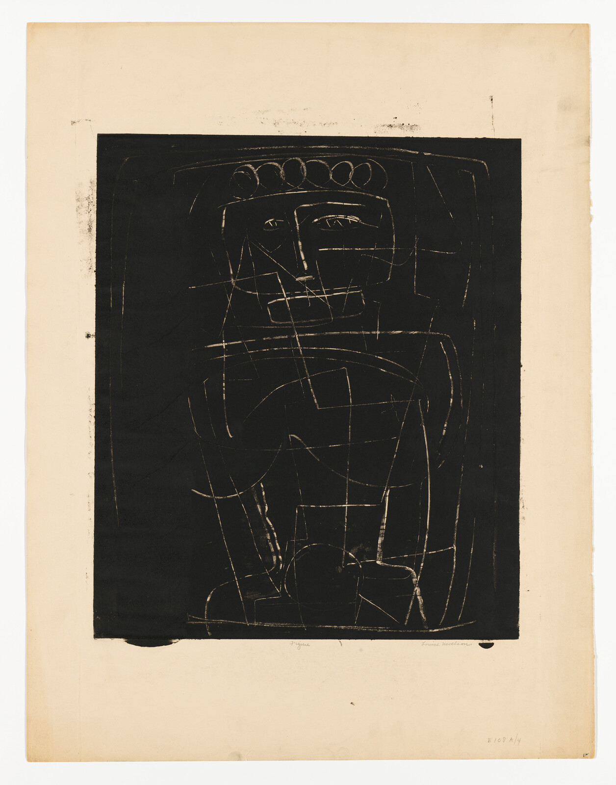 Abstract black print showing a scratched outline of a standing figure with geometric shapes.