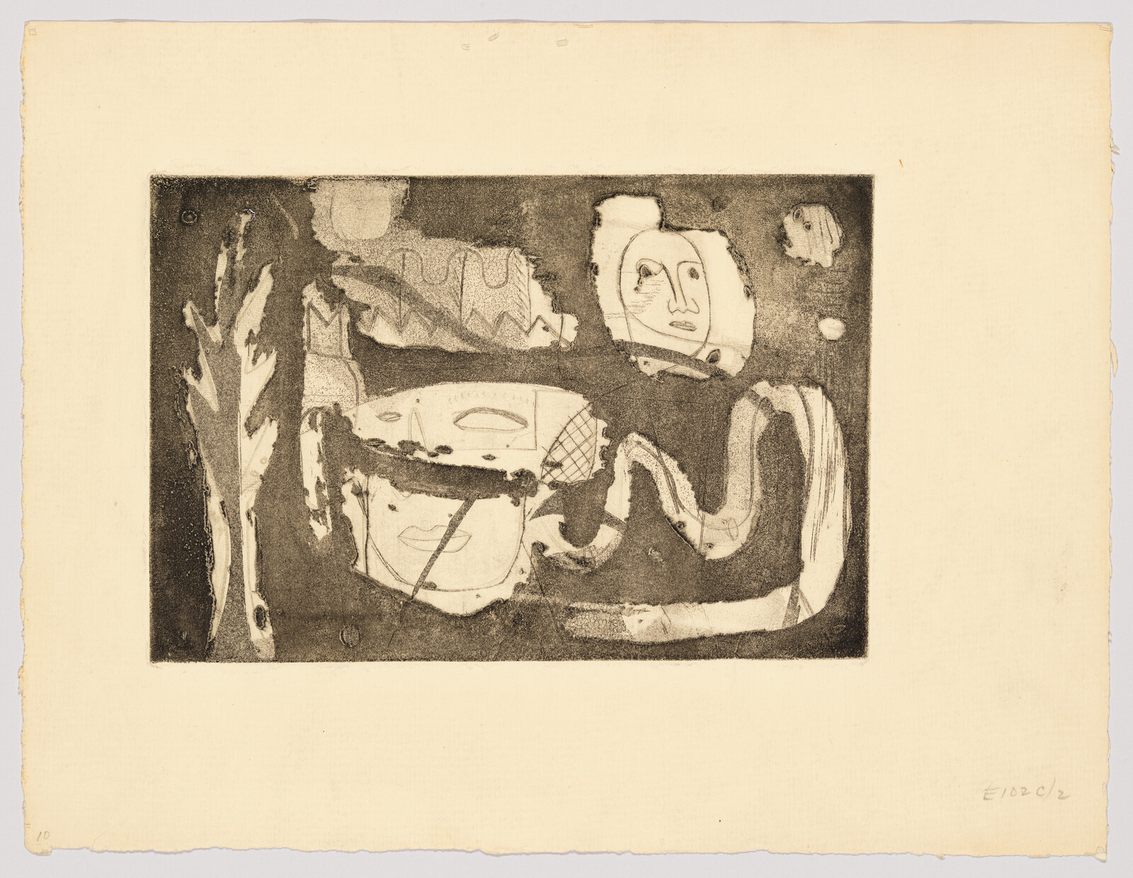 An abstract etching with two stylized faces surrounded by various shapes and lines on a textured paper background. The artwork features a mix of dark and light areas, with the faces appearing contemplative or mask-like. The artist's signature is visible in the lower right corner.