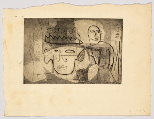 Abstract sketch of two overlapping human faces, one wearing a crown-like shape, on aged paper.