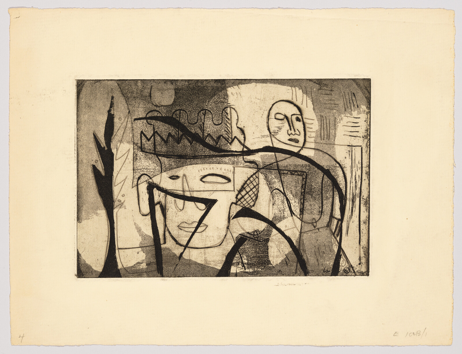 An abstract black and white etching featuring stylized faces and shapes with a mix of sharp and curved lines, displayed on a cream-colored paper with a signature and edition number on the bottom right.