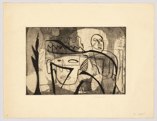 Two abstract human faces and overlapping geometric shapes in a textured black-and-white etching.