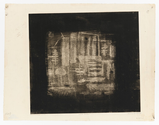 Dark square print with faded, scratched geometric shapes and rectangles in the center.