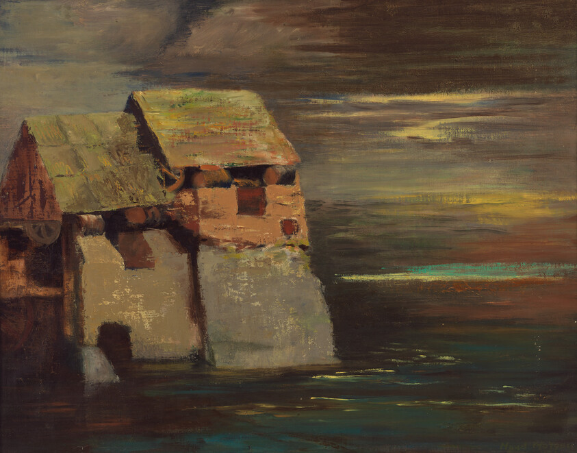 Two weathered boathouses sit on calm, reflective water under a dusky, clouded sky.