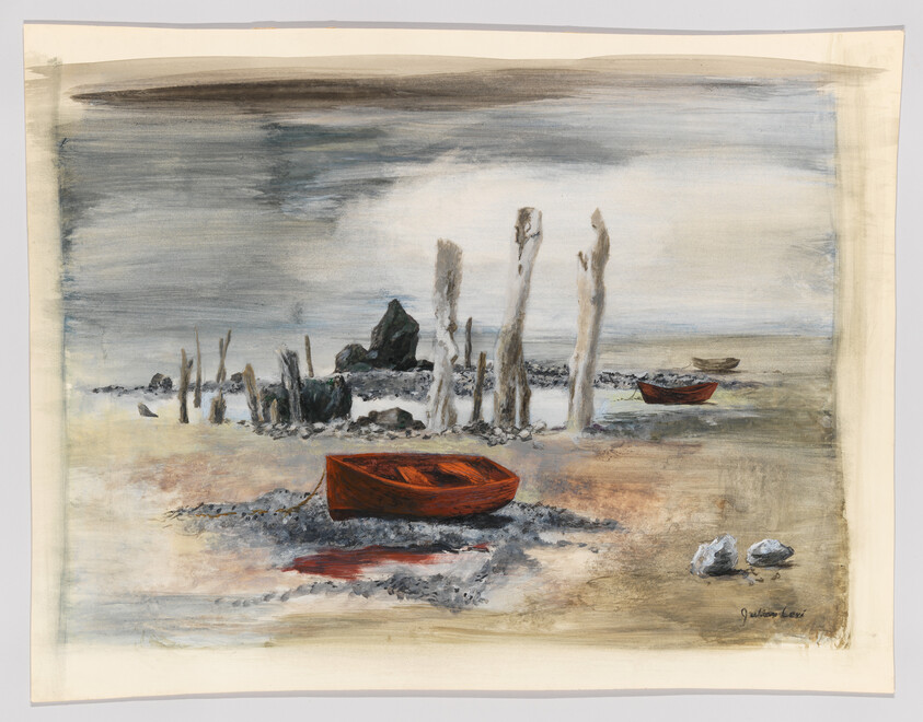A small red rowboat rests on a sandy shore near weathered wooden posts and distant rocks.