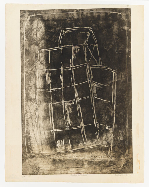 Tall leaning abstract grid-like structures with rough textured background and scratched white lines.