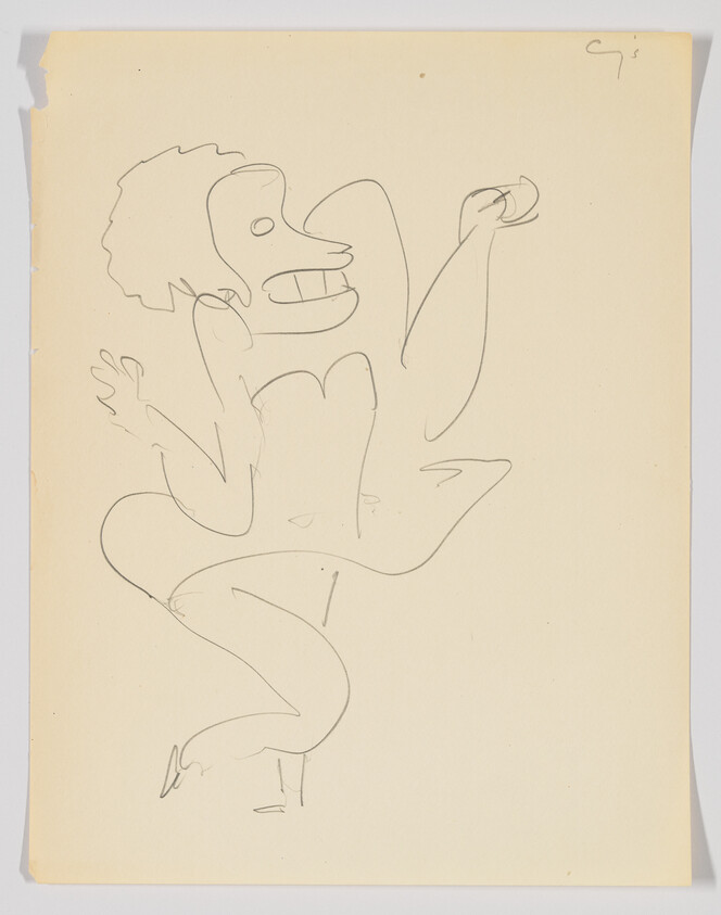 A loose pencil sketch of a dancing person with an exaggerated grin and raised arm.