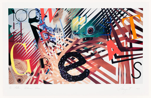 Colorful collage of letters and bird eyes layered with diagonal stripes and geometric shapes.