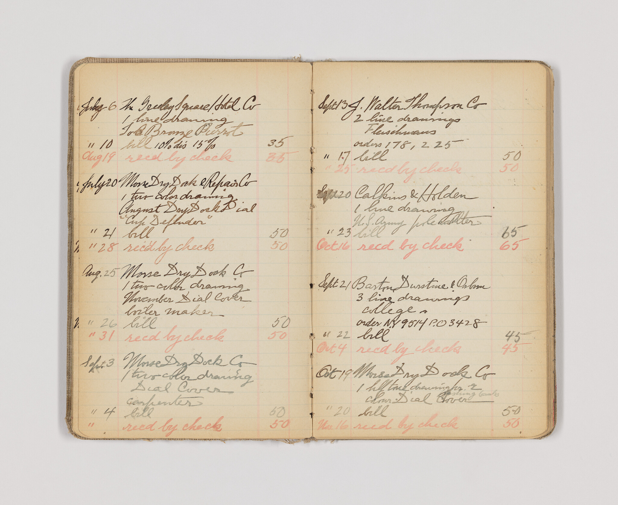 Open handwritten ledger with dated entries, numbers, and red "rec'd by check" annotations.