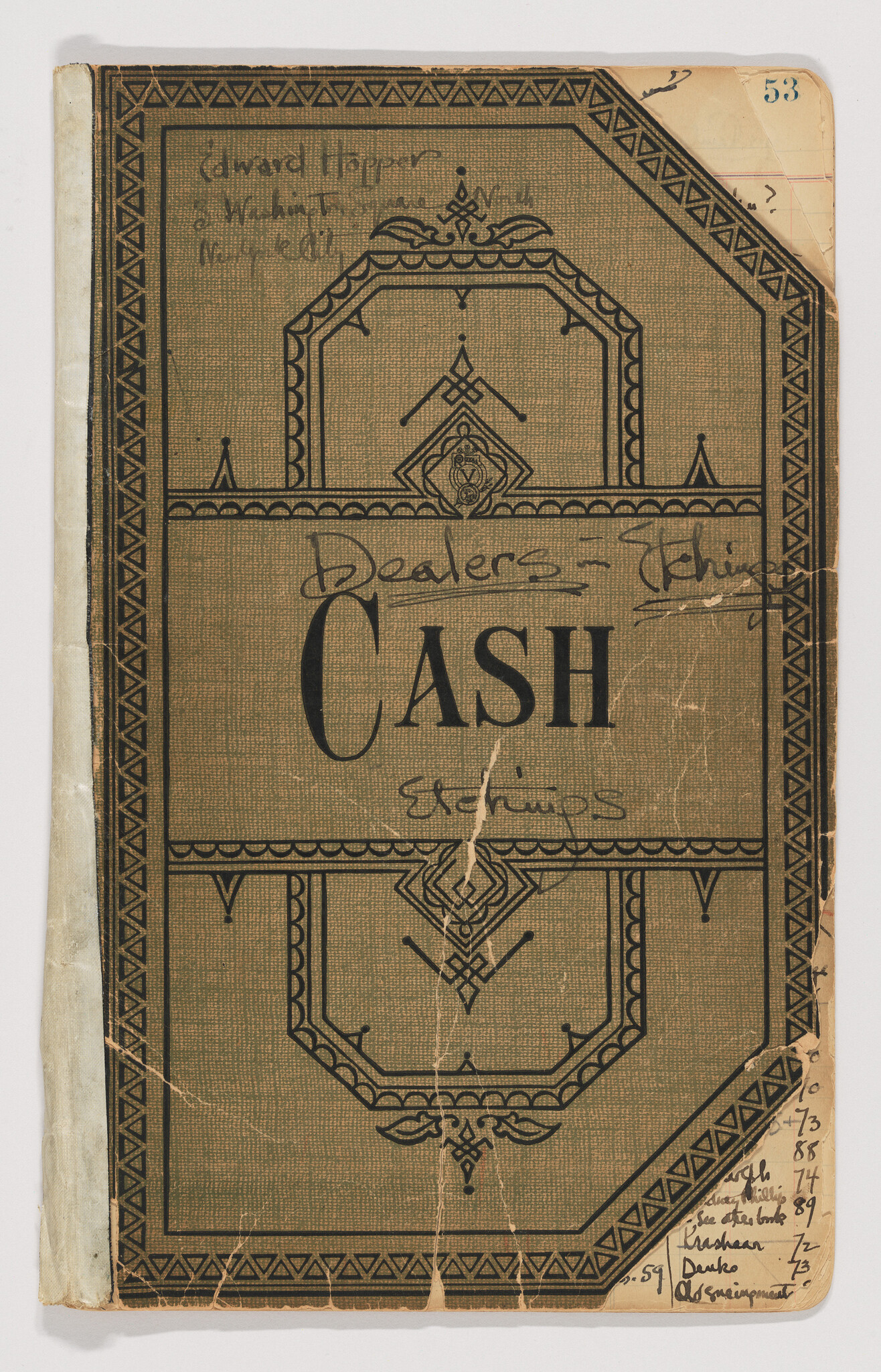 Worn decorative notebook cover with the large printed word "CASH" and handwritten notes.