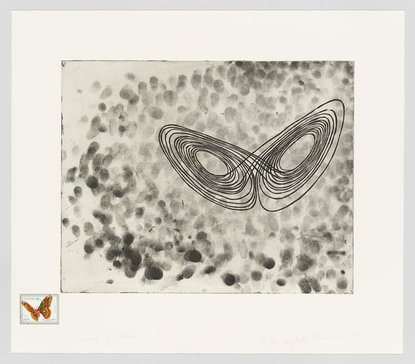 A black and white etching featuring an abstract pattern resembling a distorted figure-eight or infinity symbol in the center, surrounded by a field of irregular, blotchy shapes. The artwork is signed and dated in the bottom right corner, with a small colorful postage stamp depicting a butterfly in the bottom left corner, next to handwritten text.