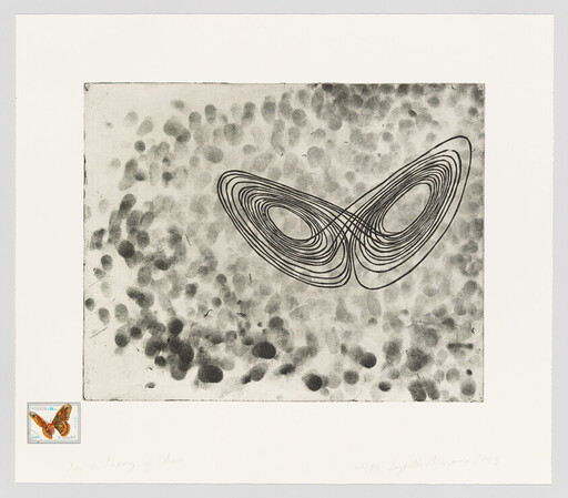 Abstract print showing overlapping looped lines forming butterfly-like wings above a speckled background, with a butterfly stamp in the corner.