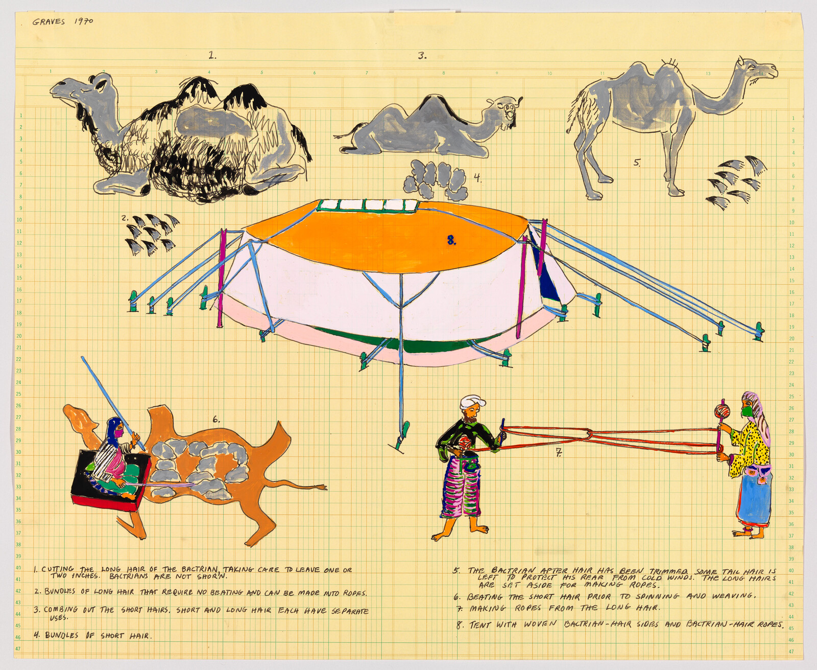 Large colored drawing of a tent being set up with camels and people making ropes.