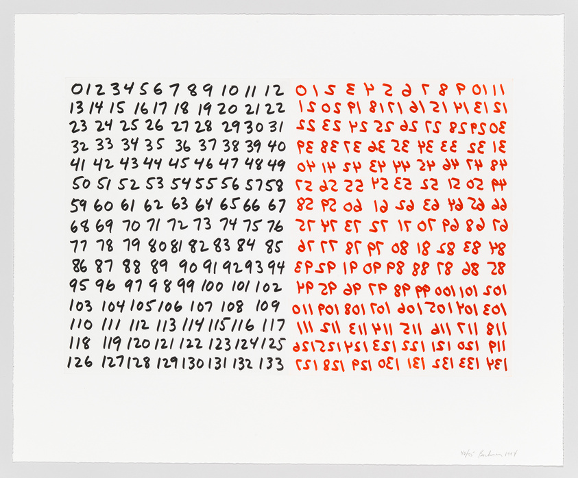 A piece of artwork featuring a grid of numbers from 0 to 133, with each row containing a sequence of numbers that are sequentially flipped or rotated, creating a pattern of normal and altered digits. The numbers are in red ink, and the artist's signature is in the bottom right corner.