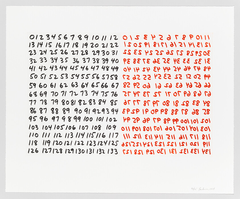 A piece of artwork featuring a grid of numbers from 0 to 133, with each row containing a sequence of numbers that are sequentially flipped or rotated, creating a pattern of normal and altered digits. The numbers are in red ink, and the artist's signature is in the bottom right corner.