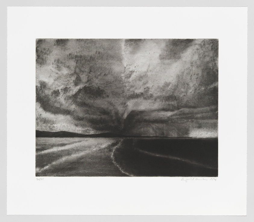 A black and white etching depicting a dramatic landscape with a vast, cloud-filled sky and a dark, open field below. The clouds appear tumultuous and textured, while the field has a pathway or road curving through it. The artwork is signed and dated in the bottom right corner.