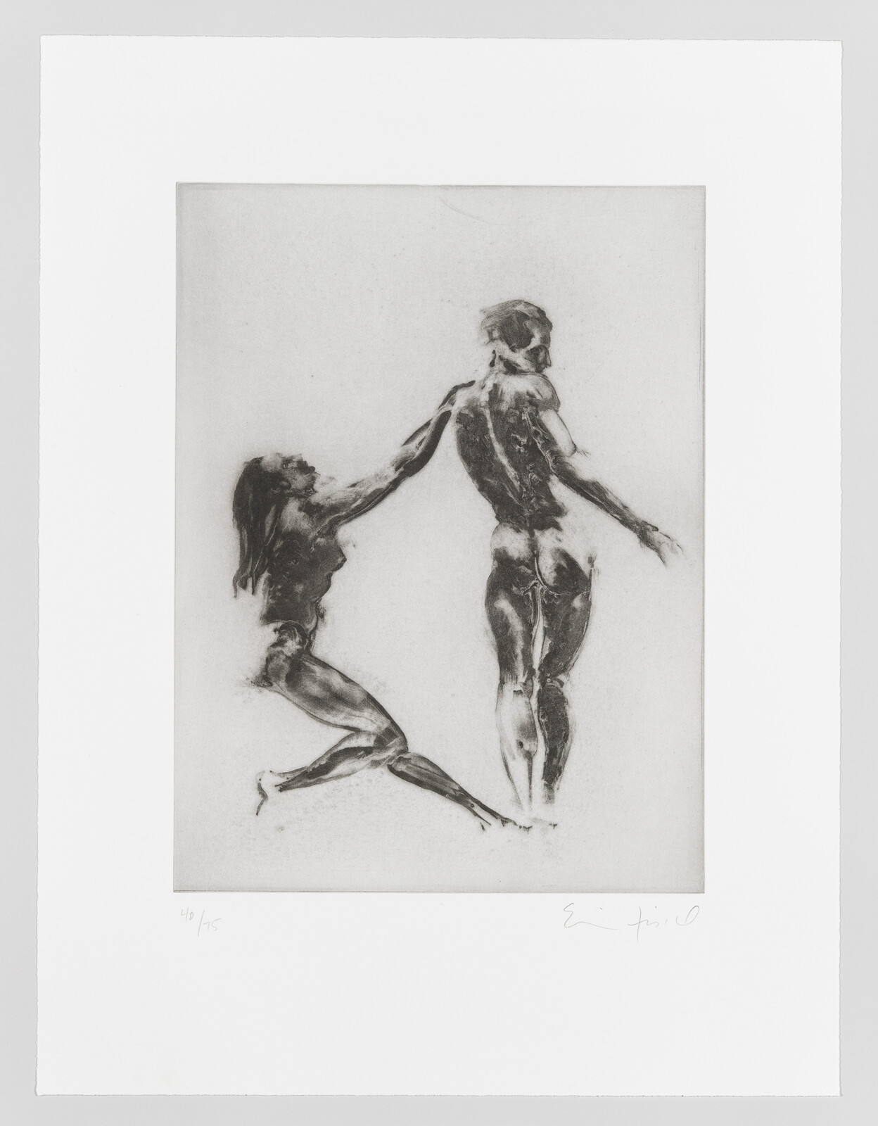 A monochrome etching of two abstract human figures, one appearing to be reaching out to the other, with both figures showing exaggerated muscle definition and movement. The artwork is numbered and signed by the artist at the bottom, indicating it's part of a limited series.