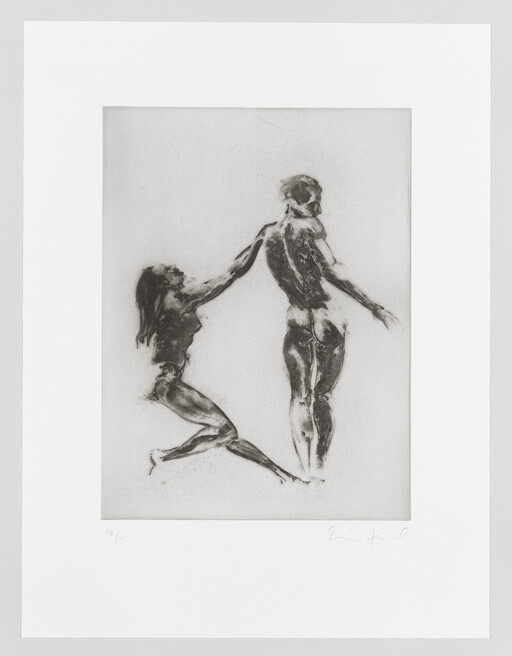 A kneeling figure reaches up to hold the arm of a standing nude figure.