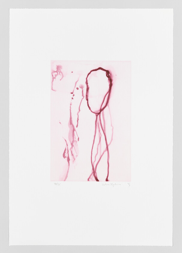 Abstract pink watercolor on paper with fluid, organic lines and shapes, centered within a large white border. The artwork is signed and numbered at the bottom.