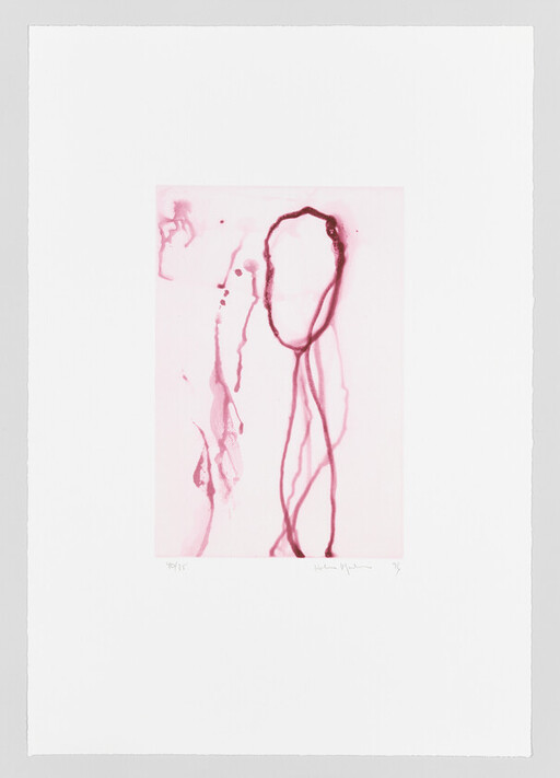 Abstract pink watercolor with an oval loop and long dripping lines on a white paper.