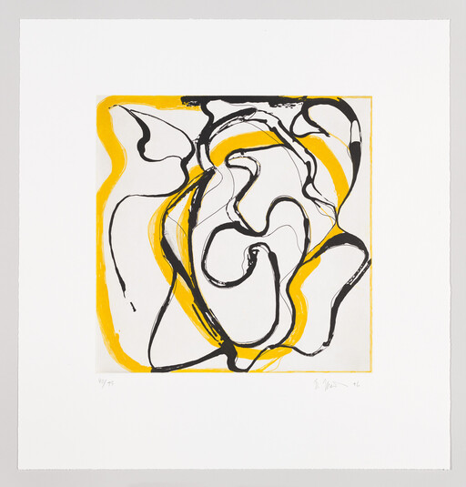 Abstract square print with bold yellow and black swirling loops and curving brushstrokes.