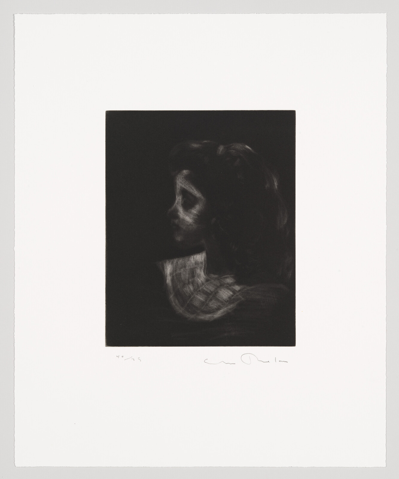 A monochromatic artwork depicting the profile of a person's face and upper body shrouded in shadows against a black background, with the artist's signature and a possible edition number on the white border below the image.