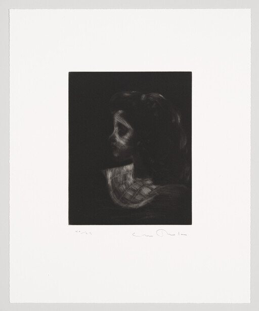 A dark charcoal portrait of a child in profile wearing a ruffled collar.