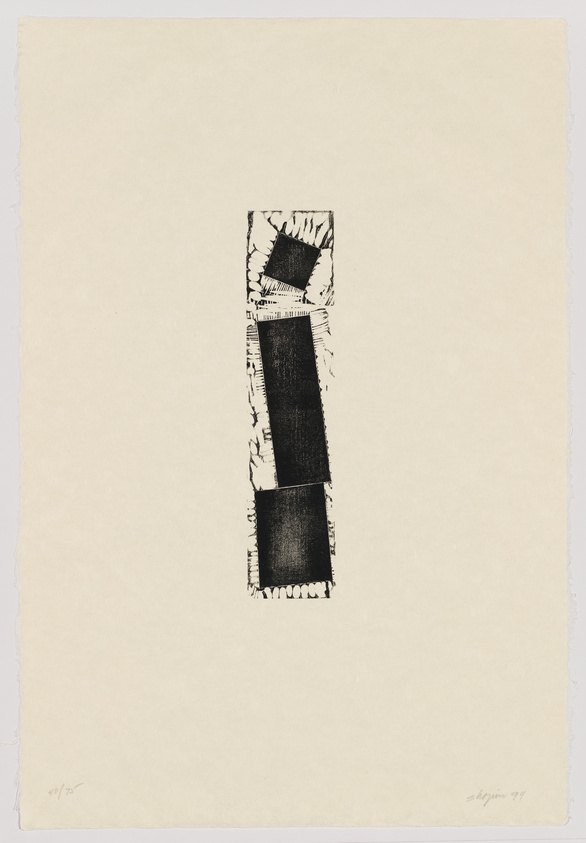 A black and white abstract print featuring a vertical composition with torn and rough edges, consisting of a series of black rectangular shapes on a textured off-white paper. The artwork is signed and dated at the bottom.