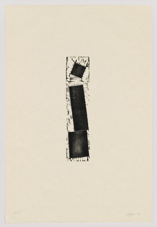 Three vertically aligned black rectangles with textured edges form a narrow abstract column on cream paper.