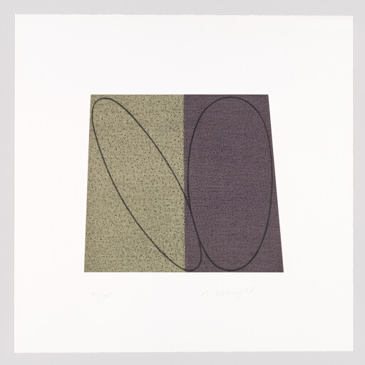 A split beige and purple trapezoid with overlapping black oval lines across its surface.