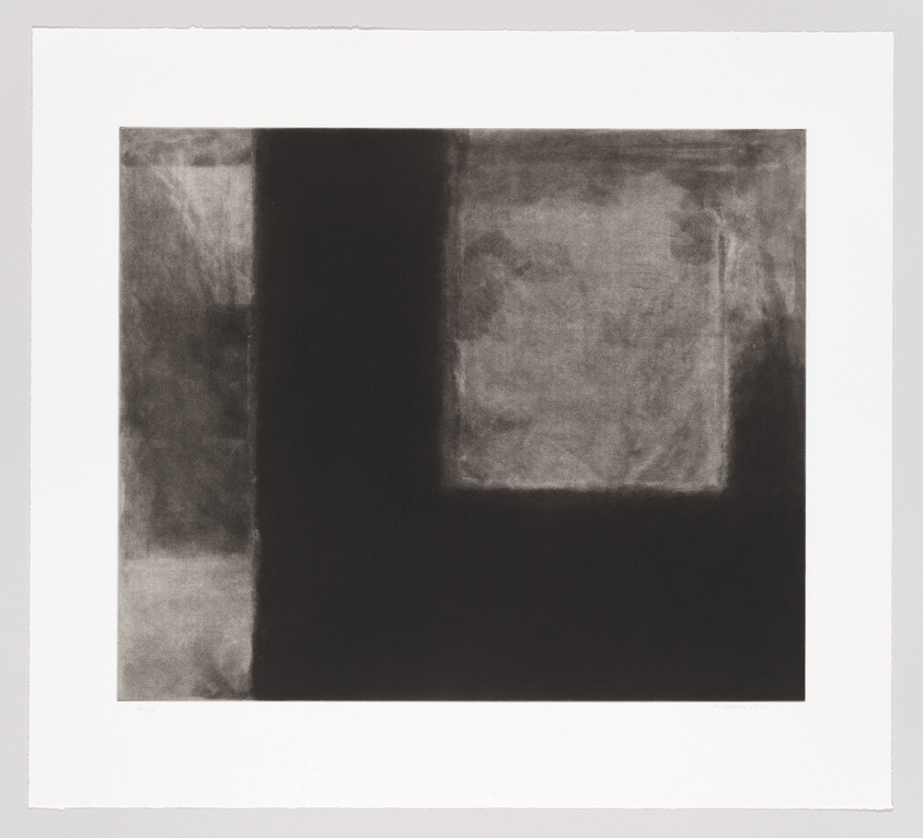 A grayscale abstract artwork featuring a large square with a smaller, centered square within it, creating a sense of depth through varying shades of black and gray. The piece is bordered by a white margin, and there appears to be a signature at the bottom right corner.