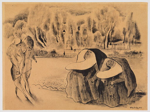 Two cloaked women with wide hats hunched on the right while two fashionable women walk together on the left.