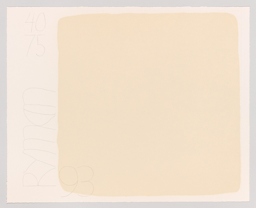 A minimalist artwork with a pale yellow square centered on a white background. On the left margin, there are faint pencil markings including the numbers "40" and "75" at the top, and the word "RYMAN" with the number "93" below, all written vertically.