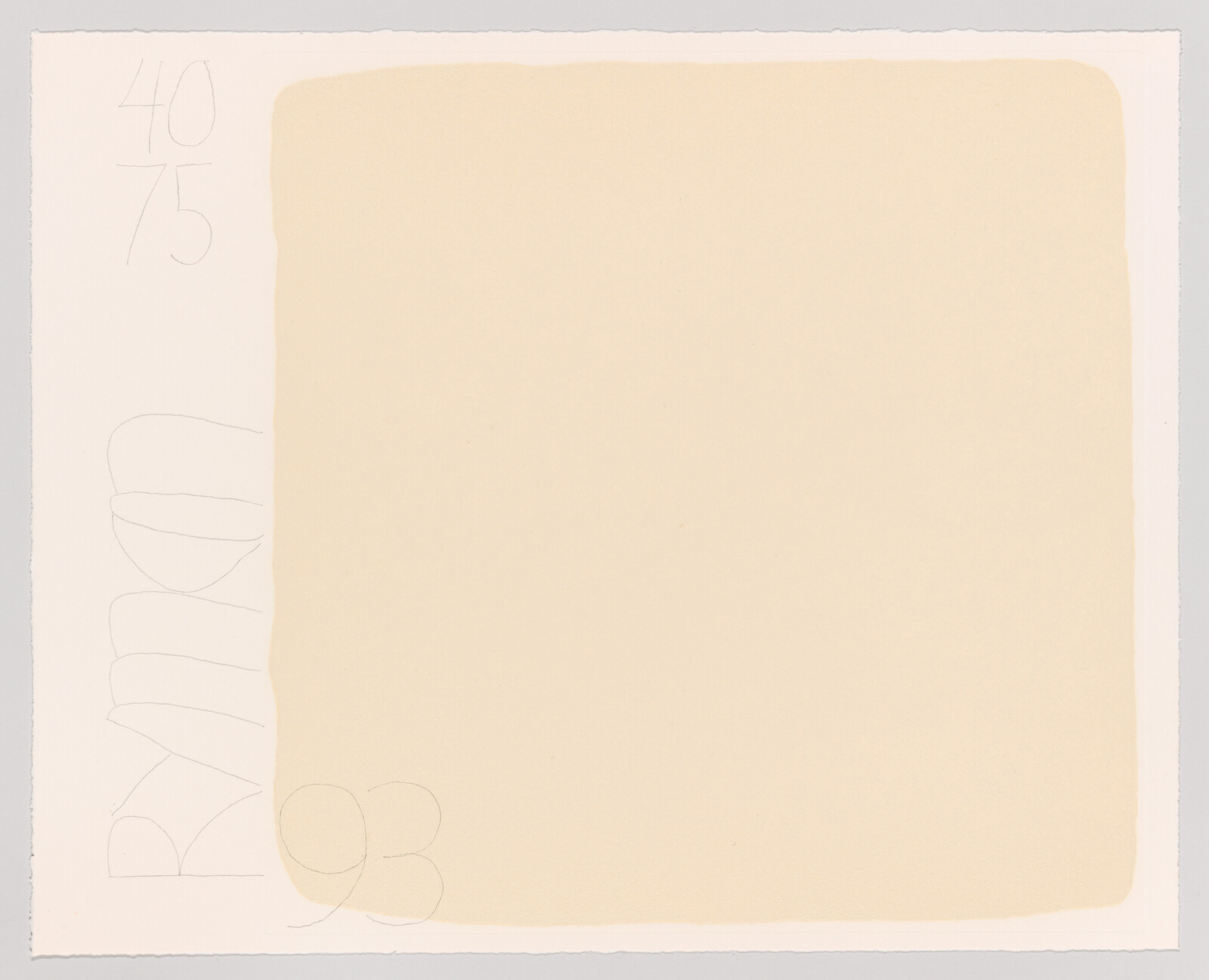 A minimalist artwork with a pale yellow square centered on a white background. On the left margin, there are faint pencil markings including the numbers "40" and "75" at the top, and the word "RYMAN" with the number "93" below, all written vertically.