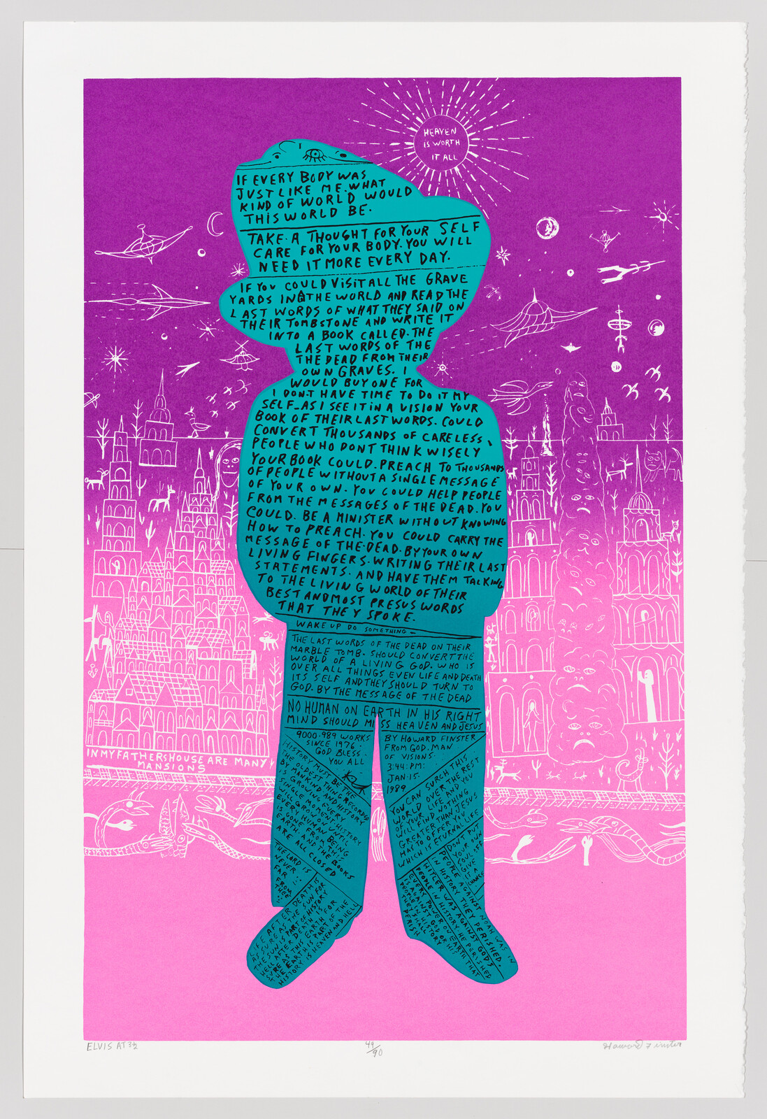 Turquoise human silhouette filled with handwritten text standing against a pink and purple cityscape.