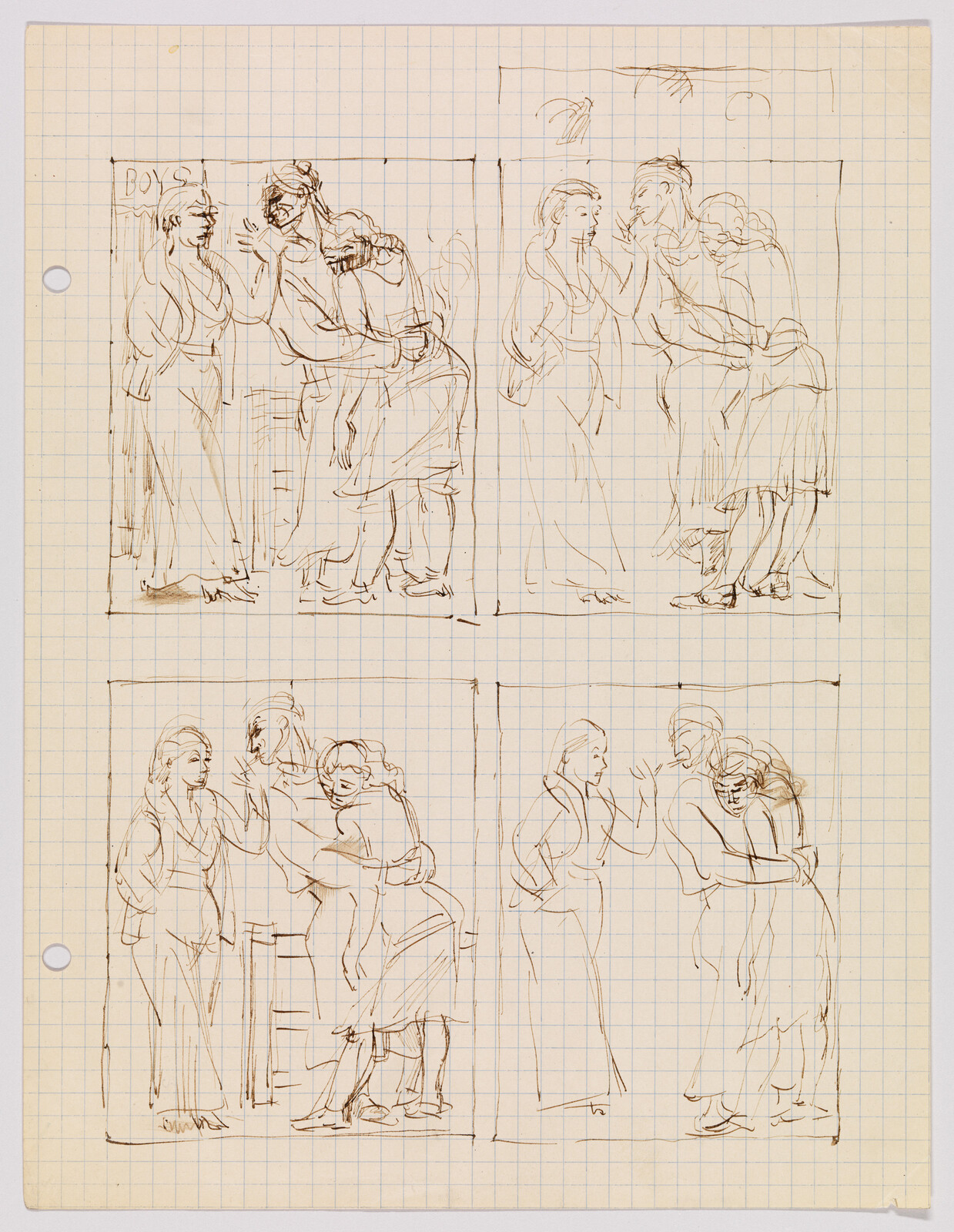 Four-panel pen sketches on graph paper showing people talking, embracing, and comforting each other.