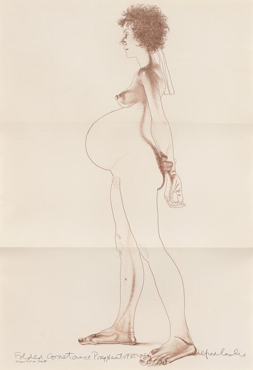 A nude, heavily pregnant woman stands in profile, barefoot with her hands behind her back.