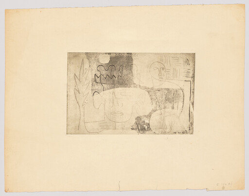 Faint pencil etching showing two abstract human faces, a crown, and a tall leaf.