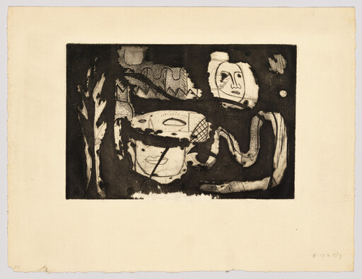 Abstract black-and-white print showing two stylized faces and curving organic shapes across the composition.