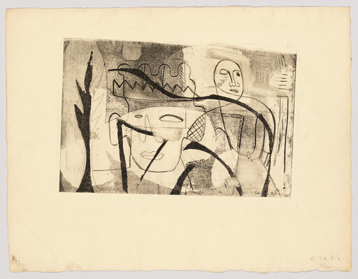 Two abstract human faces and bold curved lines overlap in a monochrome sketch.